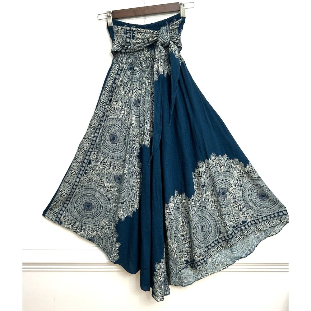 Bangkok Skirt Dress Boho Smocked 2-in-1 Dark Teal ivory OSFM